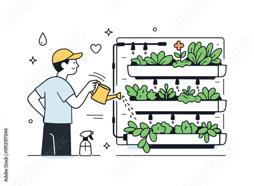 Watering a vertical garden system. A small watering can or drip irrigation feeds plants on a wall-mounted garden, showing care and routine