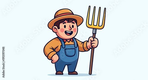 Cartoon farmer with pitchfork tool.