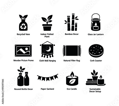 Eco-Friendly Decorating. Solid icon set of Eco-Friendly Decorating: recycled vase, indoor potted plant, bamboo decor, glass jar lantern,