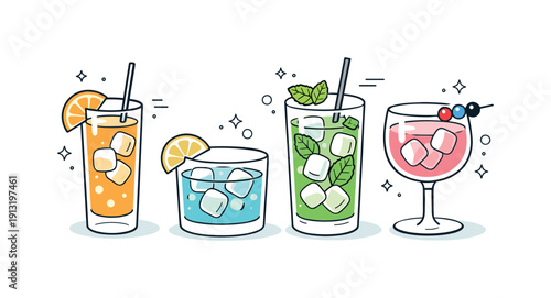 Cold drinks glassware. A clean arrangement of transparent glasses filled with cold beverages, light ice cubes visible inside. The scene feels