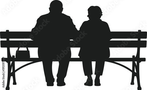 Couple silhouette vector illustration sitting on park bench—ideal for companionship artwork, lifestyle themes, psychology visuals, relationship branding, and inspirational design projects.