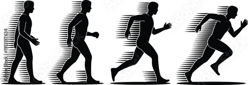 Sequential silhouettes depicting a mans progression from standing to running at speed