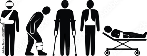 Set of black stick figures showing various types of injuries and medical conditions