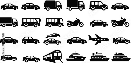 Collection of various vehicles and transportation icons