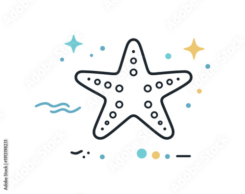 Coastal starfish icon. Minimal starfish combined with small abstract dots and lines. Light decorative scene inspired by the sea. Minimalist