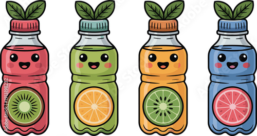 cute juice bottles, kawaii drink characters, fruit beverage, cartoon packaging, kids vitamin drink, colorful mascot set