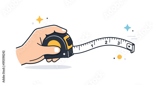 Measuring tape in hand. A simple hand holding a measuring tape, partially extended and softly curved. The illustration conveys focused work,