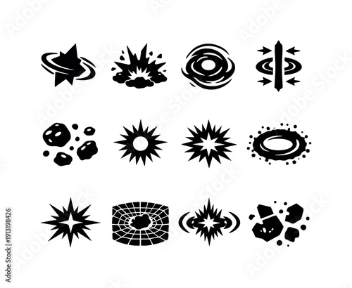Cosmic Catastrophe. Solid icon set of Cosmic Catastrophe: star collapse, violent explosion, space shockwave, gamma rays, stellar debris,