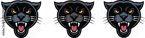Angry panther head mascot set, fierce wild cat face vector logos isolated on white background illustration