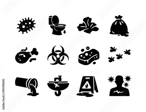 Unsanitary. Solid icon set of Unsanitary: bacteria germ, dirty toilet, used tissue, trash bag leak, contaminated food, warning bio icon,