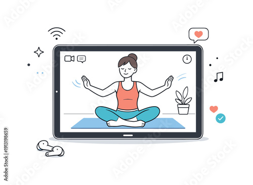 Online workout session. A virtual fitness instructor visible on a tablet screen, guiding a calm exercise routine. The illustration highlights