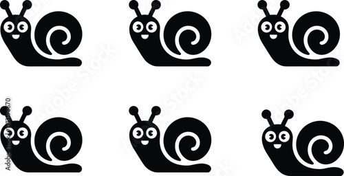 Cute smiling snail cartoon set, adorable spiral shell mascot flat black vector icons isolated on white background