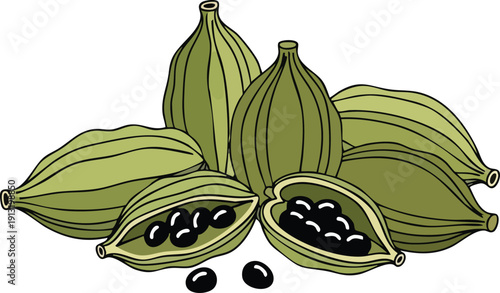 A pile of vibrant green cardamom pods, some split open to reveal their dark, aromatic seeds, representing a popular spice