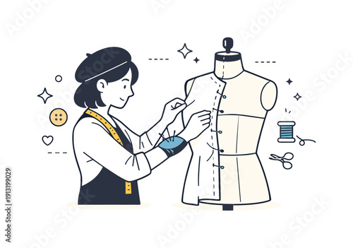 Pinning fabric for fitting. A tailor pinning fabric on a dress form to adjust the fit. Careful shaping, refinement and attention to detail.