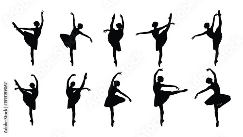 Graceful ballerinas in various elegant poses captured in black and white isolated on white background, Vector