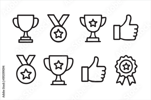 Collection of achievement icons including trophies medals and a thumbs up