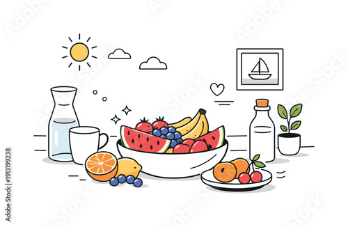 Sunny Kitchen Fruits. Summer fruits on the kitchen counter