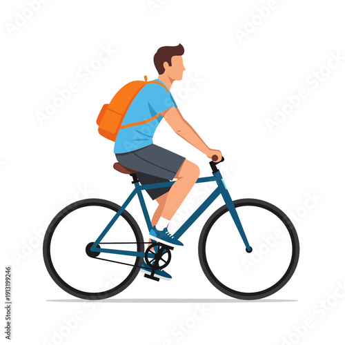 Man with orange backpack riding a blue bicycle on white background