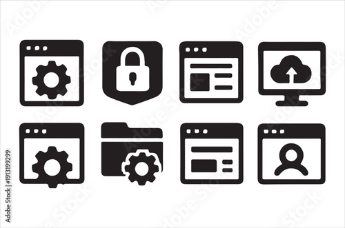 Black and white icons representing settings security and user profiles