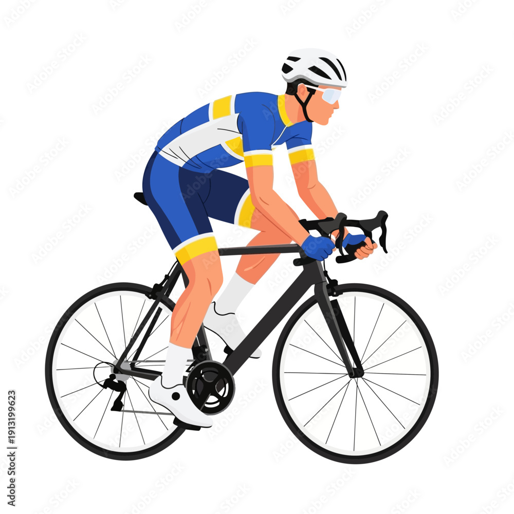 Fototapeta premium Cyclist Racing on Bicycle, Athletic Sport, Professional Athlete in Blue and Yellow Kit