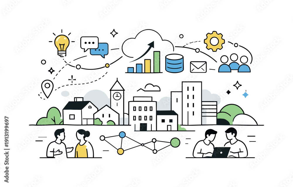 Fototapeta premium Tech Growth in Cities. Startup growth in smaller cities. Abstract view of buildings with digital icons representing connections, data, and collaboration.