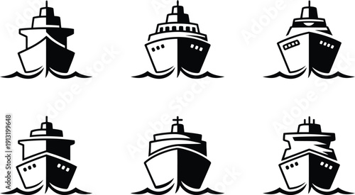 Six front view silhouettes of ships sailing on the open water with waves