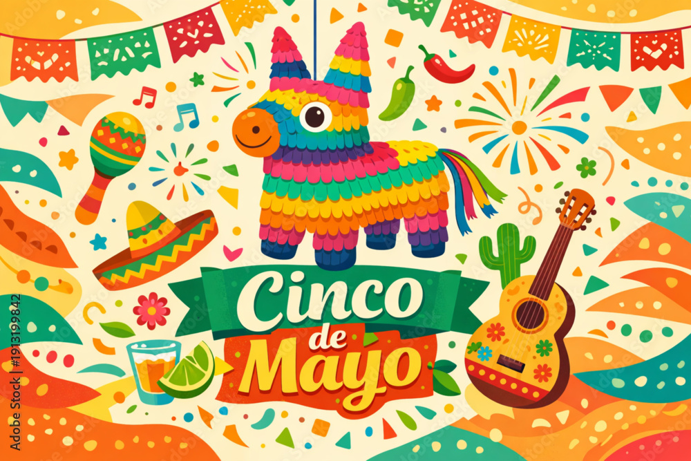 Obraz premium A vibrant illustration celebrating Cinco de Mayo with a colorful piñata, guitar, and festive decorations.