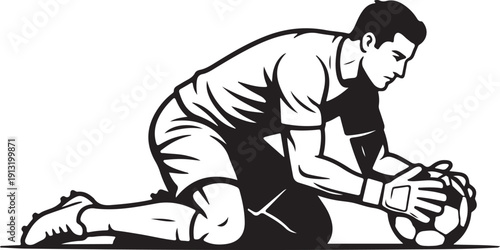 Soccer Goalkeeper Ground Save Line Art Vector Illustration of Football Match Action