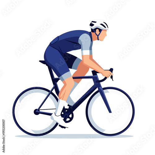 Cyclist Riding Bicycle Wearing Helmet and Sportswear on White Background