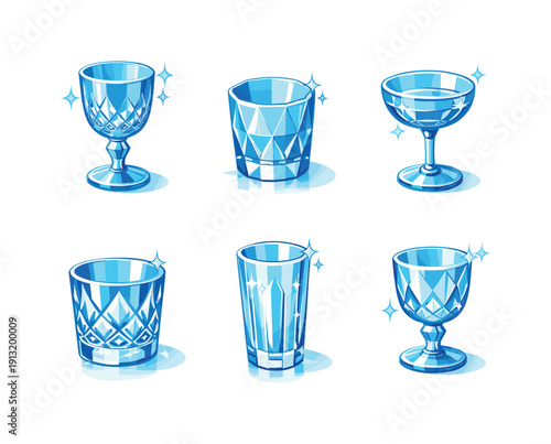 Crystal glass. Isometric flat vector icons set of crystal glass: crystal goblet reflection, faceted glass shine, luxury crystal cup, cut