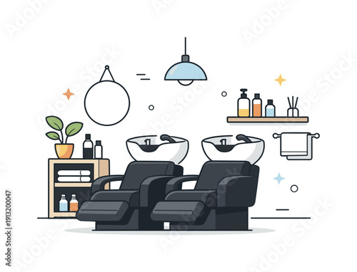 Modern salon interior. A minimalist hair washing station with smooth shapes and clean lines, emphasizing calm atmosphere and contemporary