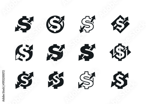 Business pitching. Icon set. Set Logo of Business pitching: dollar sign with pitch arrows. harmonious logo variations of the same emblematic