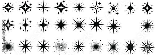 Sparkle starburst icons set, twinkle shine and glitter light effects collection, black silhouette decorative vector elements isolated on white background