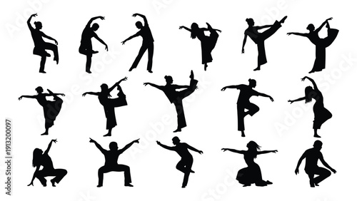 A collection of dancers performing various ballet poses in silhouette form isolated on white background, Vector