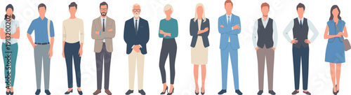 Diverse group of men and women in business casual and formal attire standing in a line