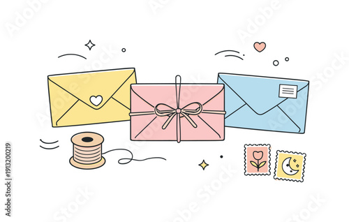 Envelope pastel colors. A minimal postal scene with pastel envelopes, stamps, and a string, evoking soft nostalgia and gentle connection.