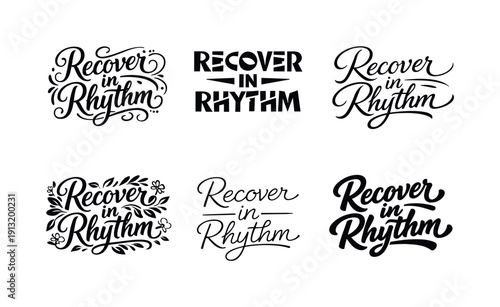 Recover in rhythm lettering. Set lettering. harmonious lettering variations of the same emblematic concept, each with different artistic