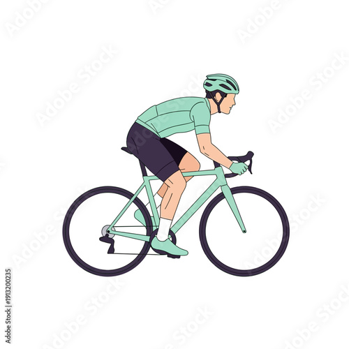 Cyclist Riding Bicycle, Sportive Man in Cycling Gear on White Background