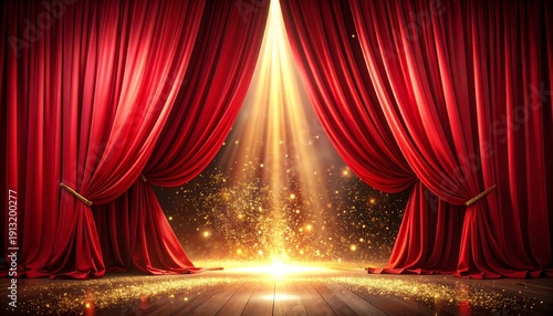 Grand opening red velvet curtains glowing stage spotlight theater background　豪華オープニング 赤いベルベットカーテン 輝くステージスポットライト背景  