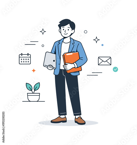 Professional workwear. A confident person in smart casual clothing stands with a laptop and document folder. Clean, composed scene