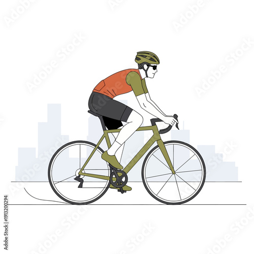 Cyclist riding road bike with city skyline in background, vector illustration