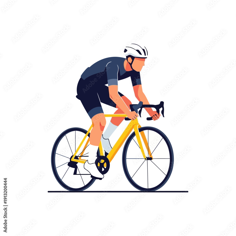 Fototapeta premium Cyclist riding yellow racing bike with helmet, flat design illustration
