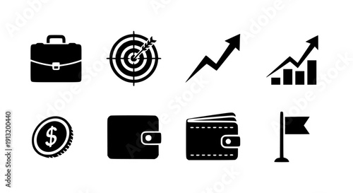 Business finance icon set, flat style, black color, isolated, white background, vector format