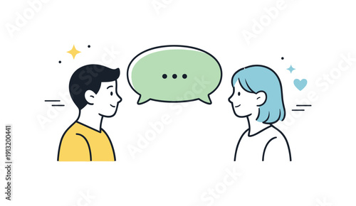 Minimal meaningful conversation illustration. Two simple characters facing each other with a single shared speech bubble between them,