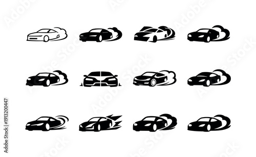 Drift. Icon set. Set Logo of drift: drifting car side view. harmonious logo variations of the same emblematic concept, each with different