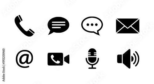 Communication tools icon set, flat style, black color, isolated, white background, vector format