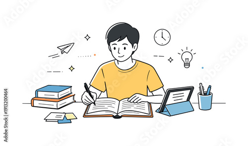 Focused Academic Study. Focused university preparation. A young adult studying for a degree with open textbooks and a tablet, gently organizing study
