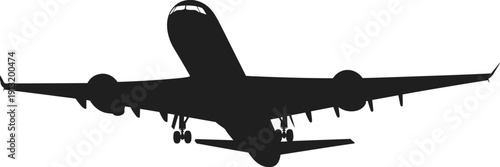 Airplane silhouette vector illustration with landing gear extended—ideal for aviation artwork, travel branding, educational visuals, industrial themes, and engineering design projects.