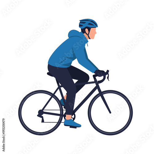 Cyclist Wearing Blue Hoodie and Helmet Riding Bicycle on White Background