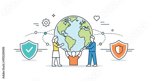 Future global resilience. A symbolic scene of the world supported by people, shields, and steady lines of connection. Confidence,